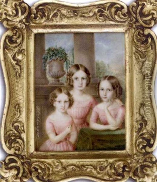 Three Sisters Gathered Around A Table Draped With Green Cloth; Each In Pink Dresses, Their Centre-parted Brown Hair Dressed In Ringlets; Urn With Foliage, Pillar And Sky Background Beyond Oil Painting - Richard Schwager
