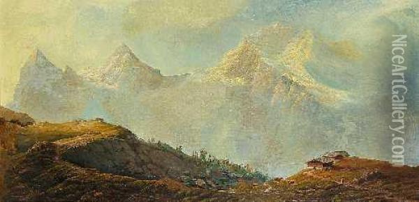 Alm In Hochgebirge Voreiger, Monch Und Jungfrau Oil Painting - Gustave Amberger
