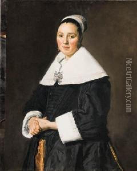 Portrait Of A Lady, 
Three-quarter-length, In A Black Dress With Awhite Collar And White 
Cuffs Oil Painting - Frans Hals