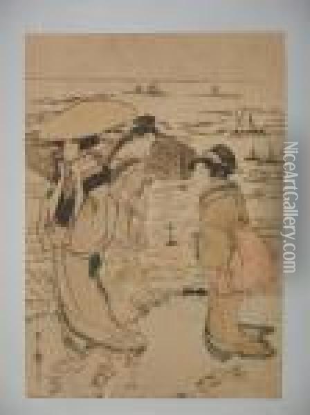 Trois Jeunes Femmes En Bord De Mer Oil Painting - Kitagawa Utamaro