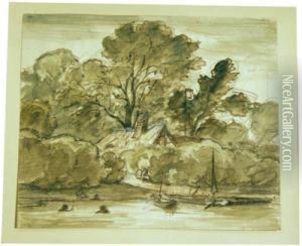 Veduta Della Riva Di Un Lago Con Bagnanti E Barche Oil Painting - Otto Wagner
