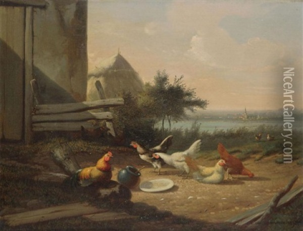 Poules Et Tas De Foin Avec Ville De L'autre Cote De La Riviere Oil Painting - Jef Louis Van Leemputten