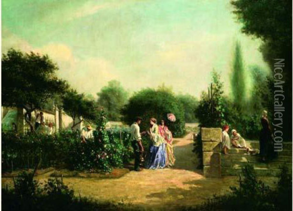 Elegantes Dans Un Jardin Oil Painting - Edmond Hedouin