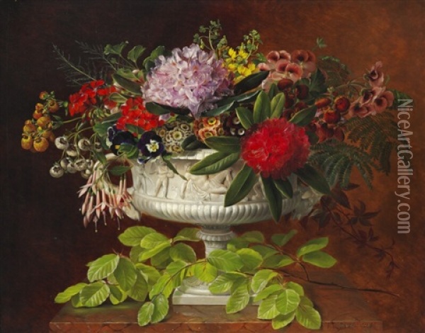 Still Life With Rhododendron And Fuchsia In A Centrepiece Oil Painting - Johan Laurentz Jensen