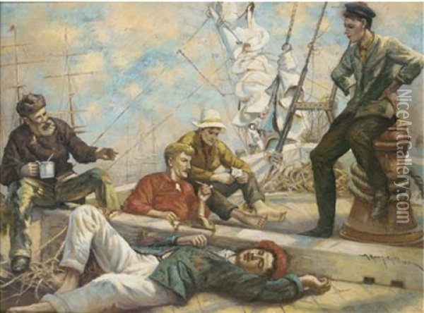 A Ship's Crew Relaxing On The Foredeck In The Sun Oil Painting - A. Harvey Moore
