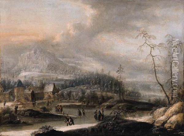 Peasants And Skaters On A Frozen Waterway In A Mountainouslandscape Oil Painting - Johann Christian Vollerdt or Vollaert
