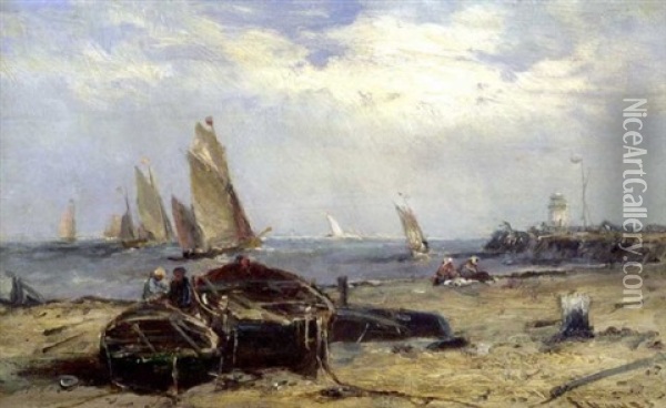 Coastal Scene With Boats And Figures Oil Painting - Edwin Hayes