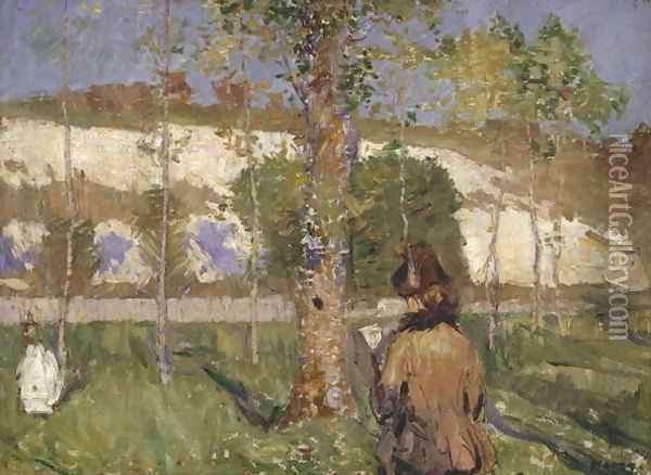 Madame Sisley on the Banks of the Loing at Moret, c.1887 Oil Painting - John Peter Russell