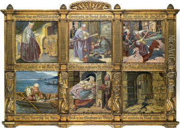 Six-part Polyptych With Scenes From The Rhinelandlegends About Bischop Batto Of Mainz Oil Painting - Josef Huber Feldkirch
