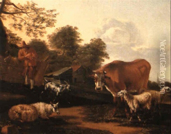 A Shepherd Leaning On A Fence With Farm Animals Nearby Oil Painting - Johannes van der Bent