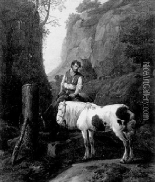 Bauer Mit Zwei Pferden Am Brunnen In Einer Schlucht Oil Painting - Johann Heinrich Roos