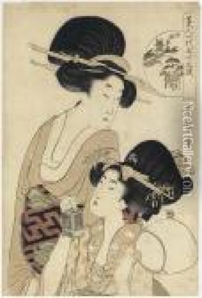 Two Beauties, One Holding A Fan 
And Insect Cage, Odawara From Theseries Bijin Ichidai Gojusan Tsugi 
(beauties One By One:comparisons Of The Fifty-three Stations Of The 
Tokaido) Oil Painting - Kitagawa Utamaro