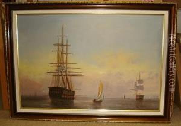 Marine Painting With Three Square Rigged Ships And Other Yachts Oil Painting - Nicolaes Van Gelder