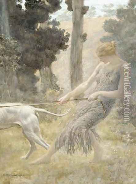 Woman Walking Her Dog Oil Painting - Edward Robert Hughes R.W.S.