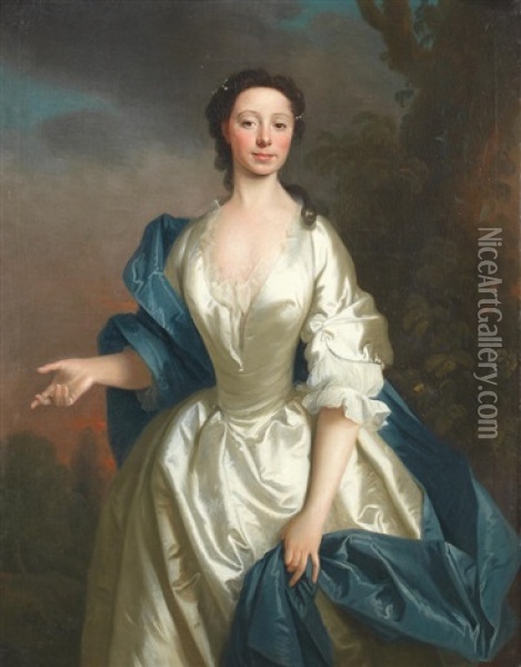 Portrait Of A Lady, Traditionally Identified As Mrs Ewing, Three-quarter-length, In A White Silk Dress And Blue Wrap, Before A Landscape In A Carved Chippendale Frame Oil Painting - Thomas Hudson