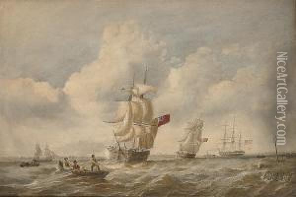Two Merchantmen Heading Up An 
Estuary With An American Three-masterbeing Towed Out To Sea Oil Painting - Thomas Sewell Robins
