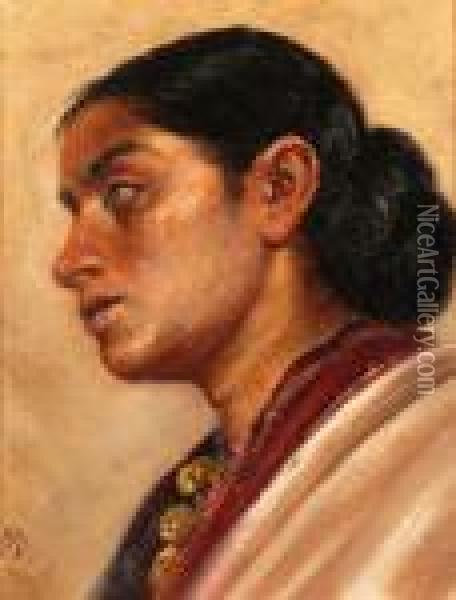 Head Of A Young Woman Oil Painting - Mahadev Vishvanath Dhurandhar