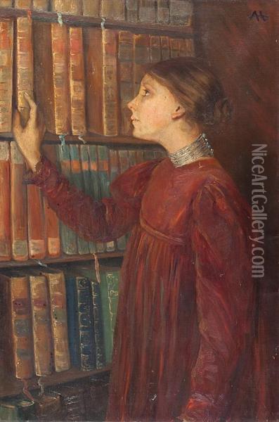 Junge Bibliothekarin In Rotem Reformkleid Oil Painting - Agathe Hermann