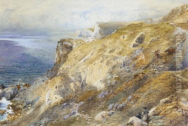 Shepherds And Their Flock Near Lulworth, Dorset Oil Painting - William Paton Burton