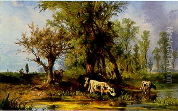 Vaches S'abreuvant Oil Painting - Albert Jurardus van Prooijen