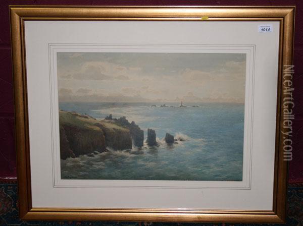 Sea Breaking Againstrocky Shore Oil Painting - John Farquharson