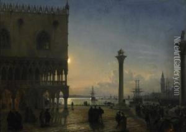 Moonlit Piazetta. Signed Below Left: F. Nerly. Oil On Canvas. 81 X 111,5cm. Framed. Oil Painting - Friedrich Nerly