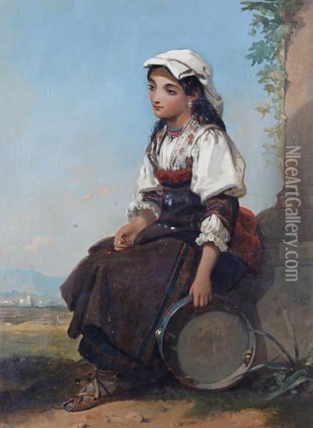'the Italian Tambourine Girl' Oil Painting - Thomas Jones Barker