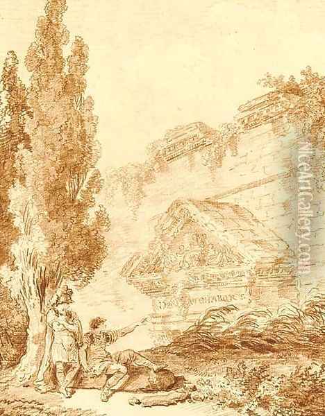 Two Roman soldiers resting by a ruined temple Oil Painting - Hubert Robert