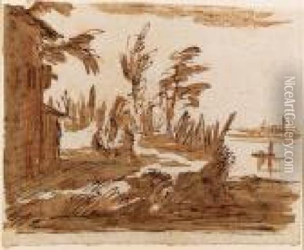 A View Of The Lagoon With Three Figures By A House, Venice In Thebackground Oil Painting - Giovanni Domenico Tiepolo