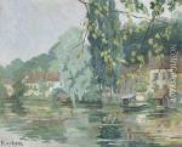 Waldige Uferpartie Mit Hausern. Oil Painting - Robert Antoine Pinchon