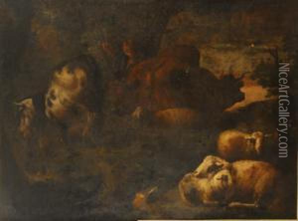 Pastor Con Vacas Y Oveja En Un Paisaje Oil Painting - Domenico Brandi
