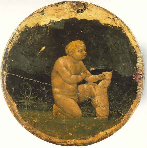 Putto and a Small Dog (back side of the Berlin Tondo) 1427-28 Oil Painting - Masaccio (Tommaso di Giovanni)