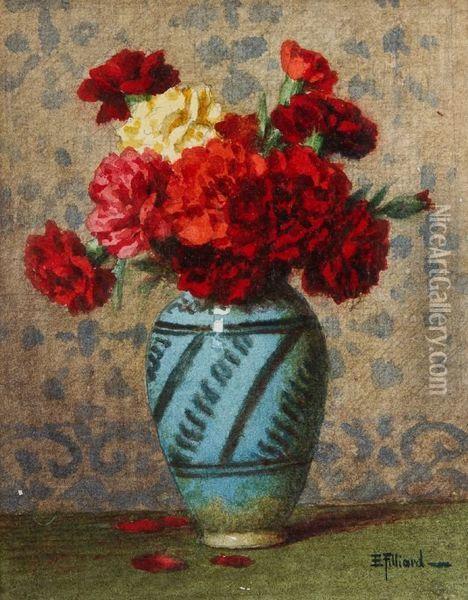 Bouquet D'oeillets Au Vase Bleu Oil Painting - Ernest Filliard