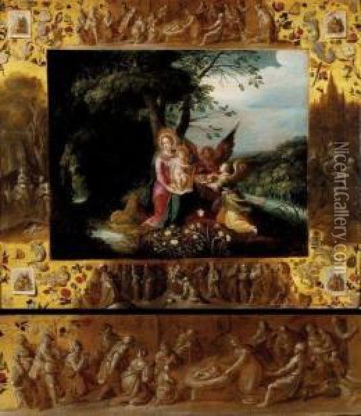 Vierge A L'enfant Assistee D'anges Dans Un Paysage Oil Painting - Abraham Govaerts