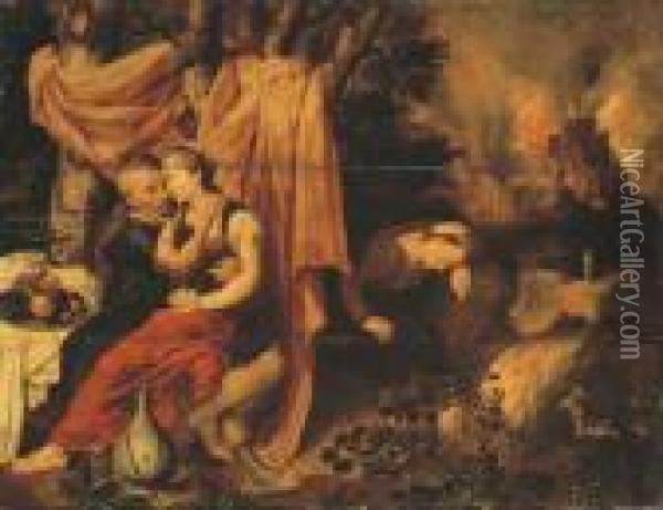 Lot And His Daughters, The Destruction Of Sodom And Gomorrahbeyond Oil Painting - Pieter Pourbus