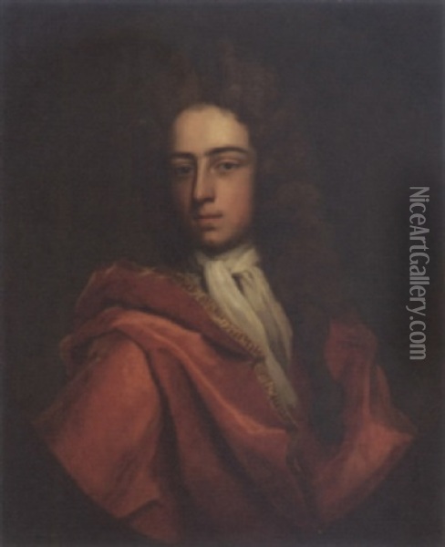 Portrait Of A Gentleman (sir Henry Temple?) In A White Cravatte And A Red Coat Oil Painting - Michael Dahl