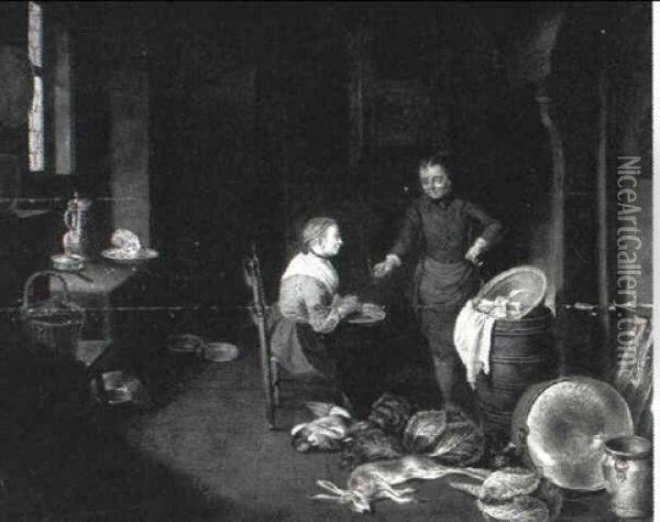Kitchen Interior With A Scullery Maid And A Youth Preparing Dinner Oil Painting - Justus Juncker