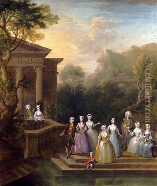 Group Portrait Of A Family, By A Lake And A Classical Pavilion Oil Painting - Charles Philips