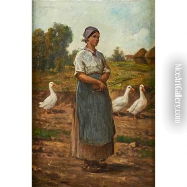 Untitled (girl With Geese) Oil Painting - Jules Breton