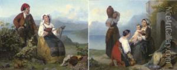 La Filatrice E Il Contadinello; Gioie Materne Oil Painting - Karel Frans Philippeau