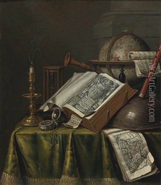 Vanitas Still Life With A Candlestick, Books, Musical Instruments, An Astrological Globe, A Pocket Watch, And An Hourglass All On A Draped Table Oil Painting - Edward Collier