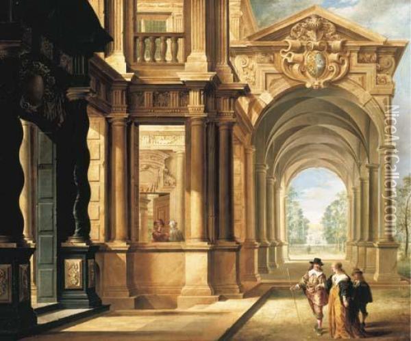 A Fantastical Palace With An Elegant Couple Walking In Front Of Aportico Oil Painting - Dirck Van Delen