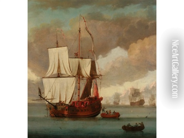 A Yacht Anchoring In Calm Waters, Possibly The Royal Yacht Caroline Oil Painting - Peter Monamy