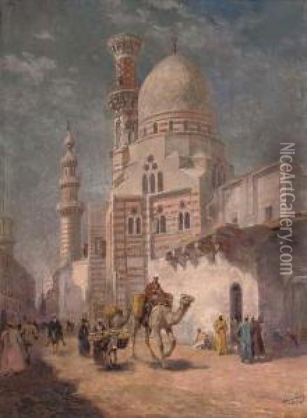 A Bustling Street Before A Cairo Mosque Oil Painting - Karoly Cserna