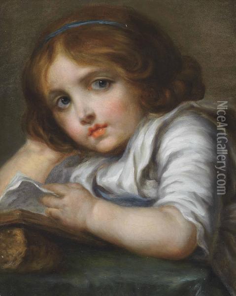 A Young Girl Reading At A Table Oil Painting - Jean Baptiste Greuze