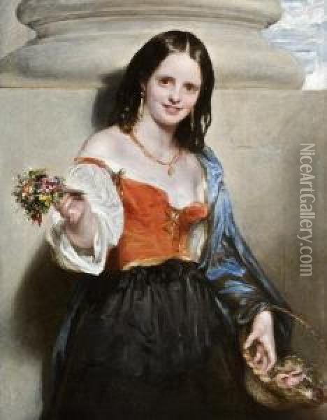 Flower Girl, Piazza Navona Oil Painting - Richard Rothwell