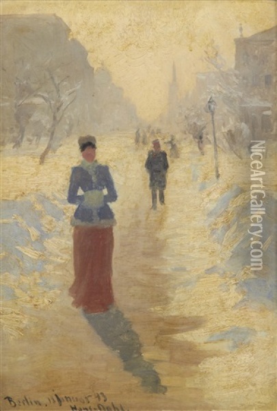 Snowy Street, Berlin Oil Painting - Hans Dahl
