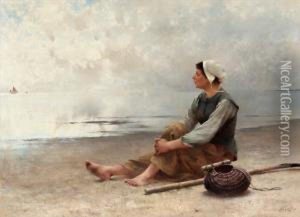 Waiting Oil Painting - August Wilhelm Nikolaus Hagborg