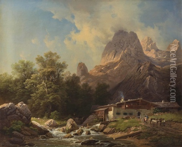 Bauernhaus Mit Fuhrwerk Im Bayrischen Gebirge Oil Painting - Karl Millner