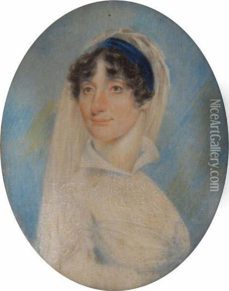 Miniature Portrait Of A Ladyhead And Shoulders, Wearing A Long White Veil And Blue Velvet Headband, Sky Background Oil Painting - Richard Collins